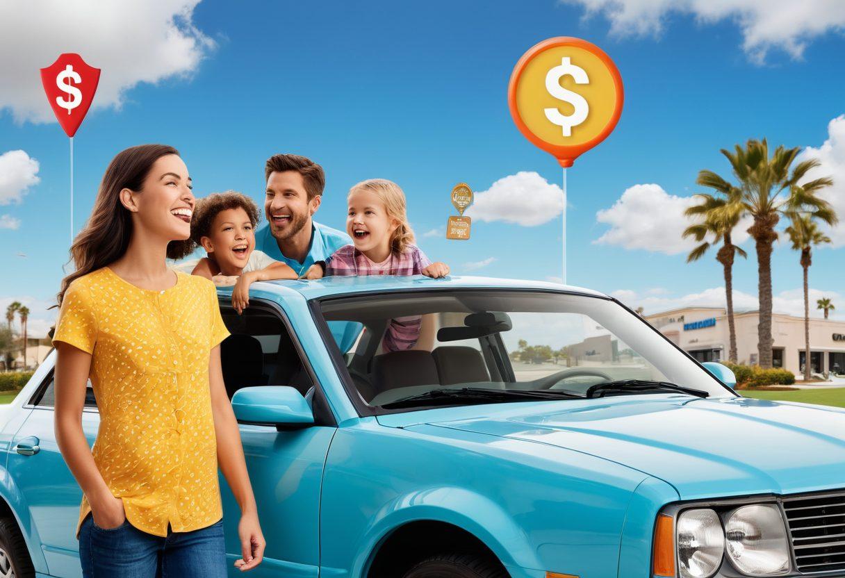 A visually engaging collage featuring a happy family exploring various cars in a sunny dealership, with a magnifying glass highlighting affordable insurance options. Around them are icons of dollar signs, checkmarks, and shields representing coverage, set against a vibrant blue sky. Include a 'Tips' banner floating above. super-realistic. vibrant colors. white background.