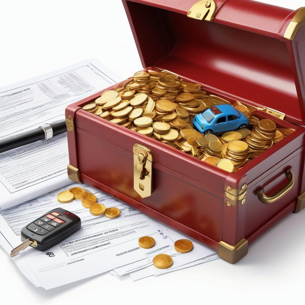 A detailed illustration of a car key unlocking a treasure chest overflowing with gold coins and insurance documents, symbolizing the discovery of affordable vehicle insurance. Include vibrant colors and elements like a calculator and a notepad in the background to suggest budgeting and planning. The scene should evoke a sense of security and excitement in financial savings. digital painting. vibrant colors. white background.