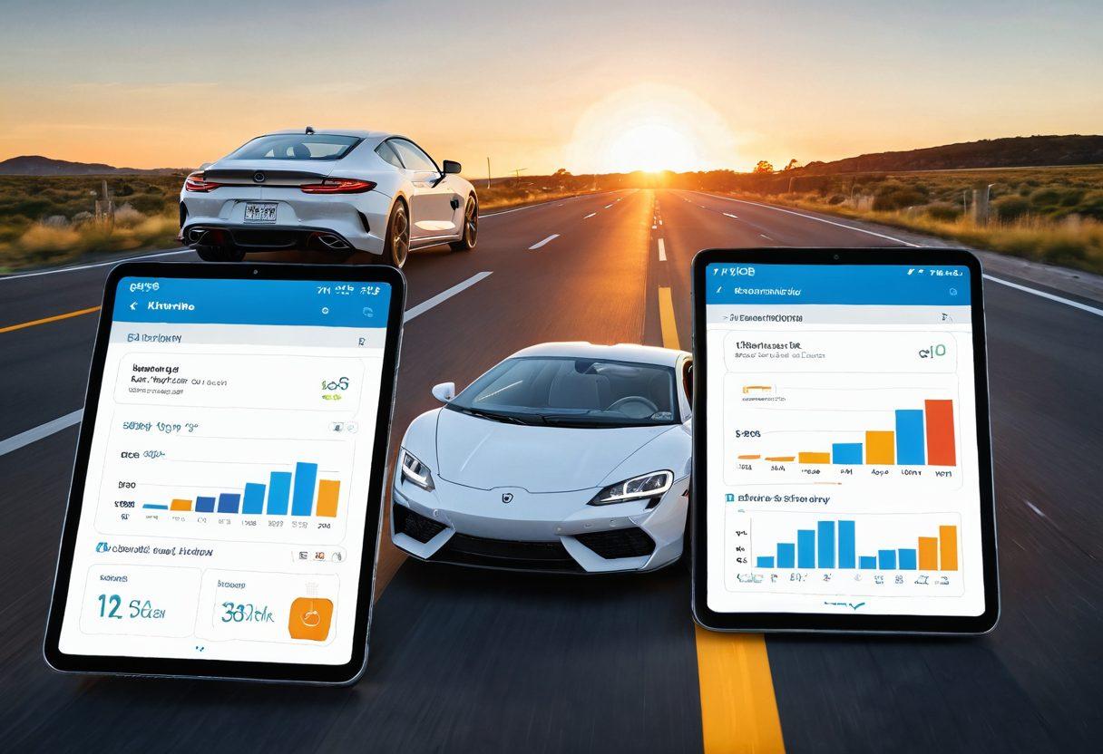 A dynamic split-screen depicting two cars, one with a cost tag hovering above, the other shining brightly with a shield symbol, representing protection. On the side, show a calculator with charts and graphs, highlighting savings and comparison features. Add a logical flow connecting the elements to illustrate decision-making. Include a bright sky and a clear road to symbolize a journey towards choosing insurance wisely. super-realistic. vibrant colors. white background.